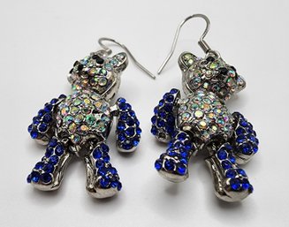 Blue, Aurora Borealis & Austrian Crystal Teddy Bear Earrings In Stainless