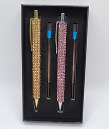 Set Of 2 Pink & Gold Artificial Diamond Pens With Replacement Ink