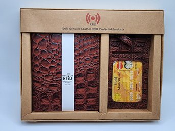 Brown Genuine Leather Croc Embossed Passport Holder, Document Organizer With Luggage Tag RFID