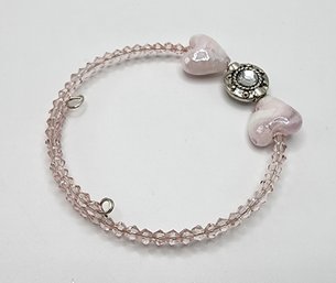 Pink Crystal & Heart Handmade Beaded Wrap Bracelet In Silver Tone