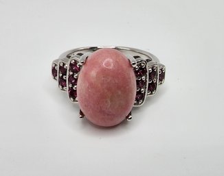 Pink Thulite & Rhodolite Garnet Ring In Rhodium Over Sterling
