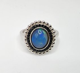 Ethiopian Opal & Black Spinel Rhodium Over Sterling Ring