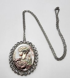 Cameo, White Austrian Crystal Pendant Necklace In Silver Tone