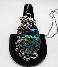 Pretty Abalone Shell Dolphin Pendant Necklace In Stainless
