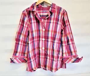 Women's Foxcroft Pink, White And Blue Button Down Cuffed Sleeve Shirt Size Large