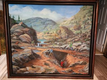 Huge Old West Mining Oil Painting