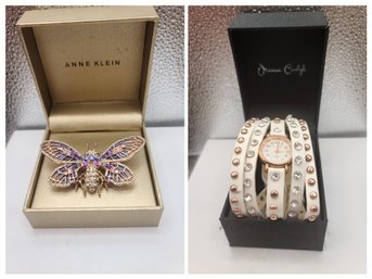 Jessica Carlyle Multi Band Watch And Anne Klein Rhinestone Butterfly Pin In Original Boxes
