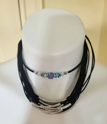 Mulitstrand Corded Metal Necklace Paired With Corded Blue Crystal Bead Necklace