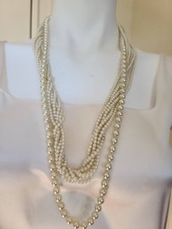 Two Vintage Pearl Necklaces One With Multi Strands, Rhinestone Screw Back Closure