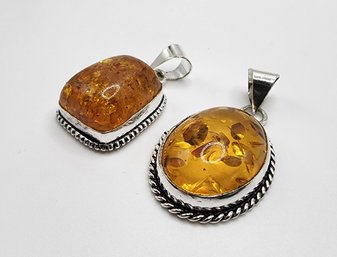 Lot Of 2 Silver Plate Baltic Amber Pendants