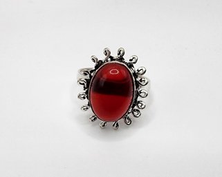 Silver Plate Ring With Bright Red Stone