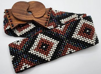 Handcrafted Brown Multi-color Seed Beaded Stretch Belt With Wooden Buckle