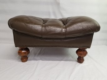 Tufted Faux Brown Leather Ottoman With Wood Legs