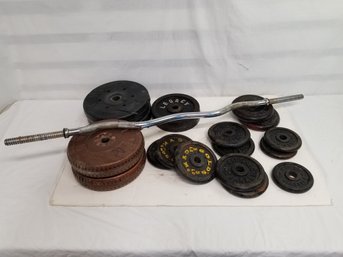Vintage Weight Lifting Plate Assortment And Curl Bar - Weider, Legacy, Gold's Gym
