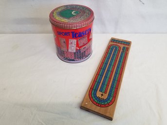 Games - Cribbage Board & Canister Of Brain Teasers