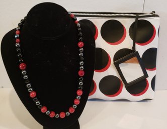 Fabulous Hematite, Coral And Onyx Necklace Paired With Saks Fifth Avenue Makeup Bag With Attached Mirror