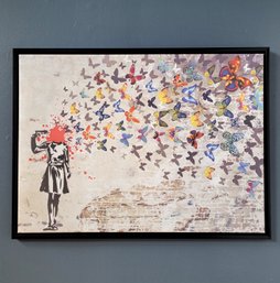 Framed Iconic Banksy 'headshot Girl With Butterflies' On Canvas