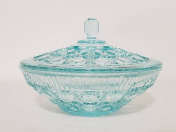 Vintage Candy Dish & Lid Windsor Aqua Button & Cane By Indiana Glass