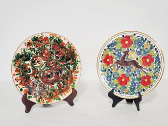 Two Vintage Decorative Plates Includ  Manousakis-Keramik Rodos Greece & Enameled Paint On Metal