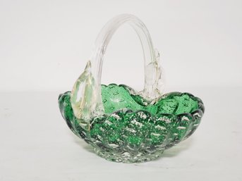 Pretty Vintage Green Art Glass Basket With Clear Applied Handle