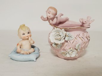 Vintage Ceramic Lego Japan Baby Boy On Pillow- Ceramic & Pink Cherub & Bird Small Bowl / Planter