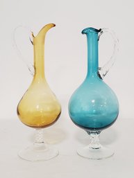 Two Made In Italy Art Glass Blue & Amber Decanters / Pitchers