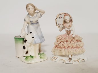 Antique Dresden Style Fairyland Porcelain Lady With Lace Dress & Figural Woman Small Planter