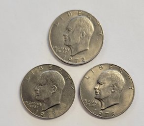 3 Eisenhower One Dollar Coins 1972,1977,1978
