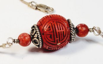 Vintage RARE Carved Cinnabar Sterling Silver Pendant Necklace