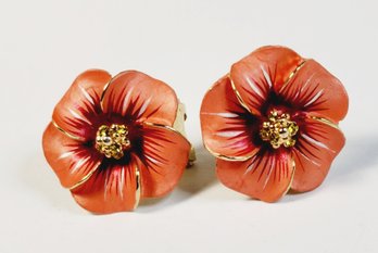 Vintage Large Gold Tone Orange Flower Earrings