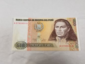 Peru 500 Intis 1987  Banknote Money