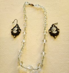 Vintage Cameo Dangle Earrings Paired With Clear Crystal Beaded Necklace