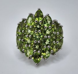 Green Manchurian Peridot, Rhodium Over Sterling Cluster Ring