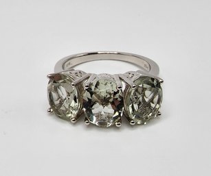 Prasiolite 3 Stone Ring In Rhodium Over Sterling