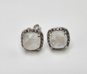 Rainbow Moonstone Cushion Cut Stud Earrings In Rhodium Over Sterling With White Zircon