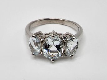 Aquamarine 3 Stone Ring With White Zircon In Sterling