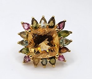 Brazilian Citrine & Multi-Tourmaline Ring In Yellow Gold Over Sterling