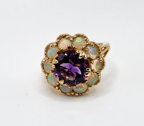 Premium Moroccan Amethyst, Ethiopian Welo Opal Ring In Yellow Gold Over Sterling