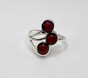 Baltic Cherry Colored Amber 3 Stone Ring In Sterling Silver