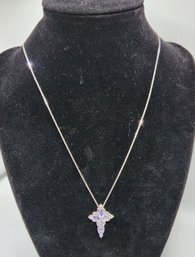 Tanzanite & White Zircon Cross Pendant Necklace In Platinum Over Sterling