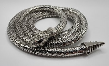 Designer Inspired Resin, White Austrian Crystal Snake Necklace In Silver Tone