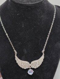 Faux White Topaz, Austrian Crystal Angel Wings Necklace In Silver Tone