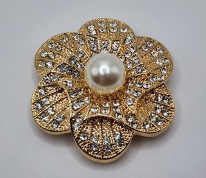 Faux Pearl, White Austrian Crystal Magnetic Flower Brooch