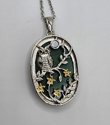 African Malachite Owl Pendant Necklace In 14k Yellow Gold & Platinum Over Sterling With Magnet & Stainless