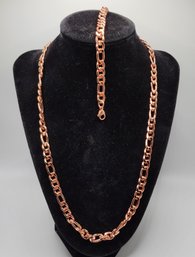 Figaro Chain Necklace & Bracelet In Plated Rose Gold & Stainless Steel