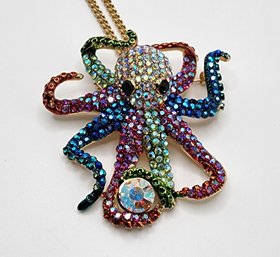 Multi-Color Austrian Crystal Octopus Brooch Or Pendant Necklace In Gold Tone