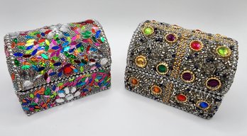 Pair Of Handcrafted Bejeweled Large Trinket Boxes