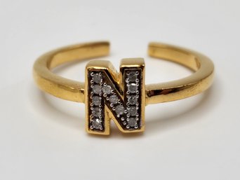 Diamond Initial N Openable Ring In Yellow Gold Over Sterling