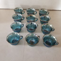 12 Blue Carnival Glass Punchbowl Cups