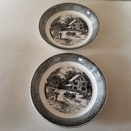 2 Jeanette Black And White Currier And Ives 9' Pie Plates